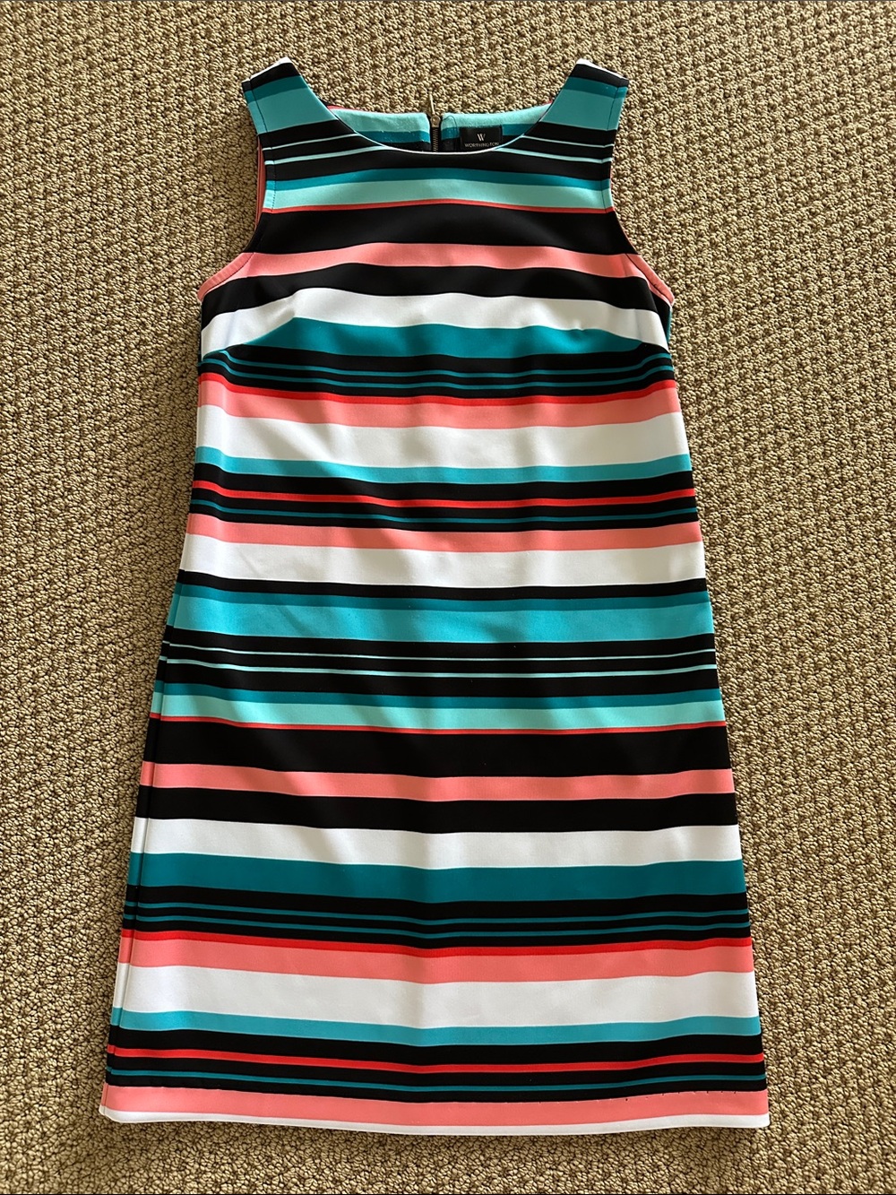 Worthington Striped Sheath Dress in Teal, Coral, Black, White.  Size Small.